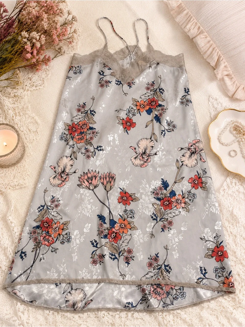 LoveStitch Floral Satin Lace Trim Nightgown Slip Dress | Size Medium